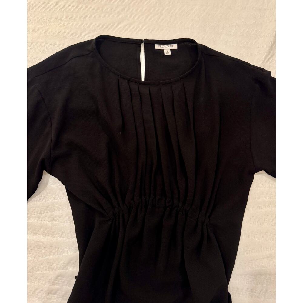 Black Pleated Blouse Pintuck 3/4 Sleeve Stretch Woven Minimalist Small Workwear - Picture 11 of 15